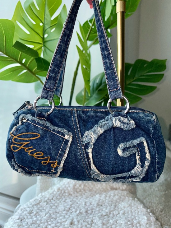 Guess Handbags - Vintage Y2K GUESS Denim Mini Barrel Shoulder Bag Frayed G Logo McBling Purse